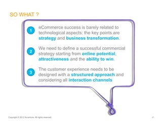 Copyright © 2012 Accenture. All rights reserved. 41
eCommerce success is barely related to
technological aspects: the key points are
strategy and business transformation.
SO WHAT ?
1
We need to define a successful commercial
strategy starting from online potential,
attractiveness and the ability to win.
The customer experience needs to be
designed with a structured approach and
considering all interaction channels
2
3
 