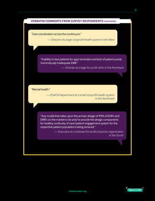 catalyst.nejm.org
10 Paths to Innovation in Health Care Delivery 	 51
Return to TOCReturn to TOC
“Care coordination across the continuum.”
— Director of a large nonprofit health system in the West
VERBATIM COMMENTS FROM SURVEY RESPONDENTS (CONTINUED)
“Any model that relies upon the archaic design of 99% of EHR’s and
EMR’s on the market to be and/or provide the design components
for healthy continuity of care/patient engagement system for the
respective patient populations being serviced.”
— Executive at a midsized for-profit physician organization
in the South
“Inability to text patients for appt reminders and lack of patient portal,
horrendously inadequate EMR.”
— Clinician at a large for-profit clinic in the Northeast
“Mental health.”
— Chief of department at a small nonprofit health system
in the Northeast
 