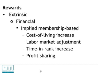 Rewards
    • Extrinsic
       o Financial
          Implied membership-based
            – Cost-of-living increase
            – Labor market adjustment
            – Time-in-rank increase
            – Profit sharing


C   O   N     S

U N L O C K IN G
                   U    L   T   A   N   T   S

                   P EO P L E P O T E N T I A L   5
 