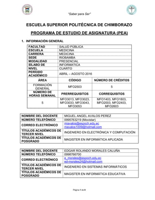 “Saber para Ser”
Página 1 de 9
ESCUELA SUPERIOR POLITÉCNICA DE CHIMBORAZO
PROGRAMA DE ESTUDIO DE ASIGNATURA (PEA)
1. INFORMACIÓN GENERAL
FACULTAD SALUD PÚBLICA
ESCUELA MEDICINA
CARRERA MEDICINA
SEDE RIOBAMBA
MODALIDAD PRESENCIAL
SÍLABO DE INFORMATICA
NIVEL CUARTO
PERÍODO
ACADÉMICO
ABRIL – AGOSTO 2016
ÁREA CÓDIGO NÚMERO DE CRÉDITOS
FORMACIÓN
GENERAL
MFO2503 5
NÚMERO DE
HORAS SEMANAL
PRERREQUISITOS CORREQUISITOS
5
MFO3013, MFO3023,
MFO3033, MFO3043,
MFO3053
MFO1403, MFO1803,
MFO2003, MFO2403,
MFO2603
NOMBRE DEL DOCENTE MIGUEL ANGEL AVALOS PEREZ
NÚMERO TELEFÓNICO 0995763219 (Movistar)
CORREO ELECTRÓNICO
miavalos@espoch.edu.ec
mavalos1009@hotmail.com
TÍTULOS ACADÉMICOS DE
TERCER NIVEL
INGENIERO EN ELECTRÓNICA Y COMPUTACIÓN
TÍTULOS ACADÉMICOS DE
POSGRADO
MAGISTER EN INFORMÁTICA APLICADA
NOMBRE DEL DOCENTE EDGAR ROLANDO MORALES CALUÑA
NÚMERO TELEFÓNICO 0998766700
CORREO ELECTRÓNICO
e_morales@espoch.edu.ec
ed-morales24@hotmail.com
TÍTULOS ACADÉMICOS DE
TERCER NIVEL
INGENIERO EN SISTEMAS INFORMÁTICOS
TÍTULOS ACADÉMICOS DE
POSGRADO
MAGISTER EN INFORMÁTICA EDUCATIVA
 