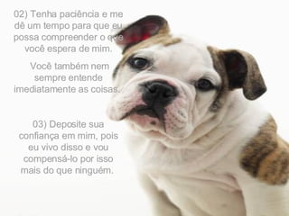 02) Tenha paciência e me dê um tempo para que eu possa compreender o que você espera de mim. Você também nem sempre entende imediatamente as coisas.  03) Deposite sua confiança em mim, pois eu vivo disso e vou compensá-lo por isso mais do que ninguém.  
