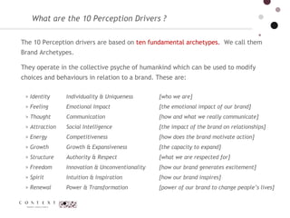 What are the 10 Perception Drivers ? The 10 Perception drivers are based on  ten fundamental archetypes.  We call them Brand Archetypes.  They operate in the collective psyche of humankind which can be used to modify choices and  behaviours  in relation to a brand. These are: Identity  Feeling  Thought  Attraction  Energy  Growth  Structure  Freedom  Spirit  Renewal  Individuality & Uniqueness  Emotional Impact  Communication  Social Intelligence  Competitiveness  Growth & Expansiveness  Authority & Respect  Innovation & Unconventionality  Intuition & Inspiration  Power & Transformation  [who we are]  [the emotional impact of our brand]  [how and what we really communicate]   [the impact of the brand on relationships]  [how does the brand motivate action]  [the capacity to expand]  [what we are respected for]  [how our brand generates excitement] [how our brand inspires]  [power of our brand to change people’s lives] 