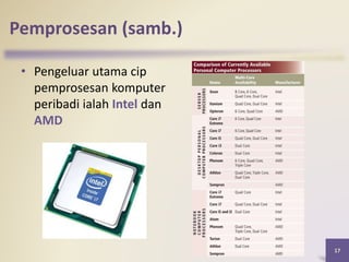 Pemprosesan (samb.)
• Pengeluar utama cip
pemprosesan komputer
peribadi ialah Intel dan
AMD
17
 