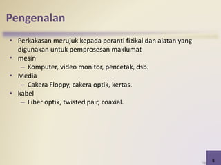 Pengenalan
• Perkakasan merujuk kepada peranti fizikal dan alatan yang
digunakan untuk pemprosesan maklumat
• mesin
– Komputer, video monitor, pencetak, dsb.
• Media
– Cakera Floppy, cakera optik, kertas.
• kabel
– Fiber optik, twisted pair, coaxial.
5
 
