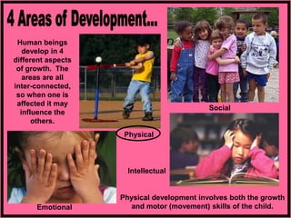 Social
Emotional
Physical
Intellectual
Human beings
develop in 4
different aspects
of growth. The
areas are all
inter-connected,
so when one is
affected it may
influence the
others.
Physical development involves both the growth
and motor (movement) skills of the child.
 