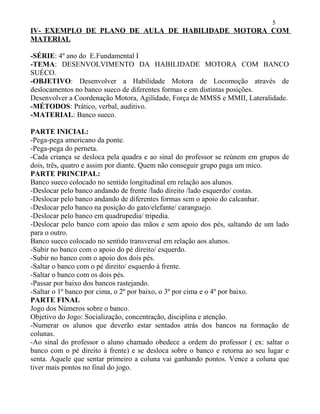 IV- EXEMPLO DE PLANO DE AULA DE HABILIDADE MOTORA COM
MATERIAL
-SÉRIE: 4º ano do E.Fundamental I
-TEMA: DESENVOLVIMENTO DA HABILIDADE MOTORA COM BANCO
SUÉCO.
-OBJETIVO: Desenvolver a Habilidade Motora de Locomoção através de
deslocamentos no banco sueco de diferentes formas e em distintas posições.
Desenvolver a Coordenação Motora, Agilidade, Força de MMSS e MMII, Lateralidade.
-MÉTODOS: Prático, verbal, auditivo.
-MATERIAL: Banco sueco.
PARTE INICIAL:
-Pega-pega americano da ponte.
-Pega-pega do perneta.
-Cada criança se desloca pela quadra e ao sinal do professor se reúnem em grupos de
dois, três, quatro e assim por diante. Quem não conseguir grupo paga um mico.
PARTE PRINCIPAL:
Banco sueco colocado no sentido longitudinal em relação aos alunos.
-Deslocar pelo banco andando de frente /lado direito /lado esquerdo/ costas.
-Deslocar pelo banco andando de diferentes formas sem o apoio do calcanhar.
-Deslocar pelo banco na posição do gato/elefante/ caranguejo.
-Deslocar pelo banco em quadrupedia/ tripedia.
-Deslocar pelo banco com apoio das mãos e sem apoio dos pés, saltando de um lado
para o outro.
Banco sueco colocado no sentido transversal em relação aos alunos.
-Subir no banco com o apoio do pé direito/ esquerdo.
-Subir no banco com o apoio dos dois pés.
-Saltar o banco com o pé direito/ esquerdo à frente.
-Saltar o banco com os dois pés.
-Passar por baixo dos bancos rastejando.
-Saltar o 1º banco por cima, o 2º por baixo, o 3º por cima e o 4º por baixo.
PARTE FINAL
Jogo dos Números sobre o banco.
Objetivo do Jogo: Socialização, concentração, disciplina e atenção.
-Numerar os alunos que deverão estar sentados atrás dos bancos na formação de
colunas.
-Ao sinal do professor o aluno chamado obedece a ordem do professor ( ex: saltar o
banco com o pé direito à frente) e se desloca sobre o banco e retorna ao seu lugar e
senta. Aquele que sentar primeiro a coluna vai ganhando pontos. Vence a coluna que
tiver mais pontos no final do jogo.
5
 