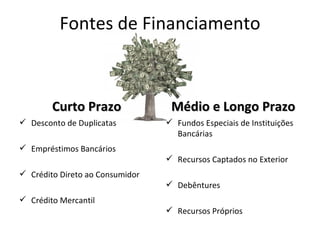 Fontes de Financiamento



        Curto Prazo               Médio e Longo Prazo
 Desconto de Duplicatas          Fundos Especiais de Instituições
                                   Bancárias
 Empréstimos Bancários
                                  Recursos Captados no Exterior
 Crédito Direto ao Consumidor
                                  Debêntures
 Crédito Mercantil
                                  Recursos Próprios
 