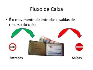 Fluxo de Caixa
• É o movimento de entradas e saídas de
  recurso do caixa.




  Entradas                           Saídas
 
