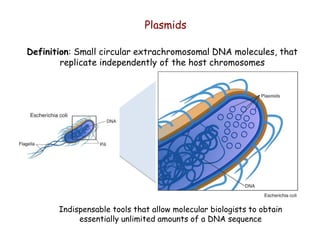 Plasmids
Indispensable tools that allow molecular biologists to obtain
essentially unlimited amounts of a DNA sequence
Definition: Small circular extrachromosomal DNA molecules, that
replicate independently of the host chromosomes
 