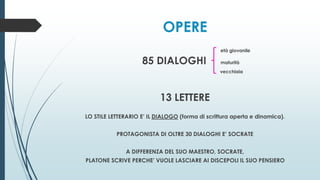 OPERE
età giovanile
85 DIALOGHI maturità
vecchiaia
13 LETTERE
LO STILE LETTERARIO E’ IL DIALOGO (forma di scrittura aperta e dinamica).
PROTAGONISTA DI OLTRE 30 DIALOGHI E’ SOCRATE
A DIFFERENZA DEL SUO MAESTRO, SOCRATE,
PLATONE SCRIVE PERCHE’ VUOLE LASCIARE AI DISCEPOLI IL SUO PENSIERO
 