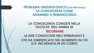 PROBLEMA GNOSEOLOGICO (nel «Menone»)
LA CONOSCENZA COME
ANAMNESI O REMINESCENZA
LA CONOSCENZA CONSISTE NELLA
FACOLTA’ DELL’ANIMA DI
RICORDARE
LE IDEE CONOSCIUTE NELL’IPERURANIO E
CHE HA DIMENTICATO NEL MOMENTO IN CUI
SI E’ INCARNATA IN UN CORPO
 