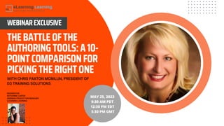 THEBATTLEOFTHE
AUTHORINGTOOLS:A10-
POINTCOMPARISONFOR
PICKINGTHERIGHTONE
WEBINAREXCLUSIVE
MAY 25, 2023
9:30 AM PDT
12:30 PM EDT
5:30 PM GMT
 