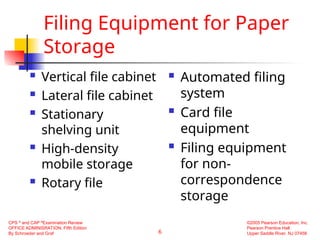 6
CPS ®
and CAP ®
Examination Review
OFFICE ADMINISRATION, Fifth Edition
By Schroeder and Graf
©2005 Pearson Education, Inc.
Pearson Prentice Hall
Upper Saddle River, NJ 07458
Filing Equipment for Paper
Storage
 Vertical file cabinet
 Lateral file cabinet
 Stationary
shelving unit
 High-density
mobile storage
 Rotary file
 Automated filing
system
 Card file
equipment
 Filing equipment
for non-
correspondence
storage
 