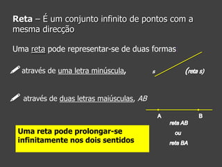 Reta – É um conjunto infinito de pontos com a
mesma direcção
Uma reta pode representar-se de duas formas:
através de uma letra minúscula,
através de duas letras maiúsculas, AB

Uma reta pode prolongar-se
infinitamente nos dois sentidos

s

 