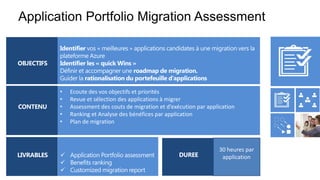 • Ecoute des vos objectifs et priorités
• Revue et sélection des applications à migrer
• Assessment des couts de migration et d’exécution par application
• Ranking et Analyse des bénéfices par application
• Plan de migration
30 heures par
application
 