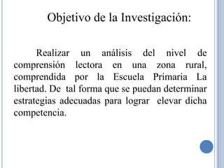 Objetivo de la Investigación:

      Realizar un análisis del nivel de
comprensión lectora en una zona rural,
comprendida por la Escuela Primaria La
libertad. De tal forma que se puedan determinar
estrategias adecuadas para lograr elevar dicha
competencia.
 