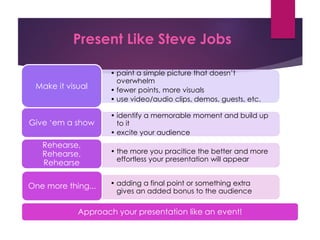 Present Like Steve Jobs
• paint a simple picture that doesn’t
overwhelm
• fewer points, more visuals
• use video/audio clips, demos, guests, etc.
Make it visual
• identify a memorable moment and build up
to it
• excite your audience
Give ‘em a show
• the more you pracitice the better and more
effortless your presentation will appear
Rehearse,
Rehearse,
Rehearse
• adding a final point or something extra
gives an added bonus to the audience
One more thing...
Approach your presentation like an event!
 