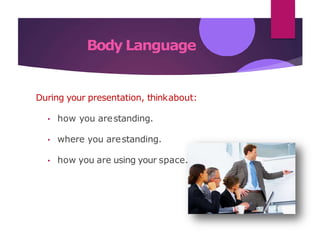 Body Language
During your presentation, thinkabout:
• how you arestanding.
• where you arestanding.
• how you are using your space.
 