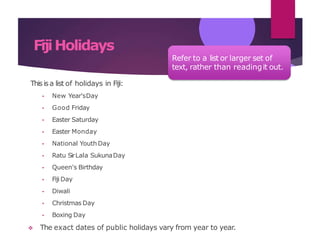 FijiHolidays
This isa list of holidays in Fiji:
• New Year'sDay
• Good Friday
• Easter Saturday
• Easter Monday
• National YouthDay
• Ratu SirLala SukunaDay
• Queen's Birthday
• Fiji Day
• Diwali
• Christmas Day
• Boxing Day
 The exact dates of public holidays vary from year to year.
Refer to a list or larger set of
text, rather than readingit out.
 