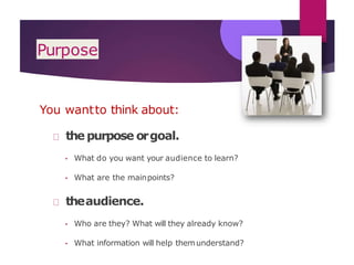 Purpose
You wantto think about:
the purpose orgoal.
• What do you want your audience to learn?
• What are the mainpoints?
theaudience.
• Who are they? What will they already know?
• What information will help themunderstand?
 