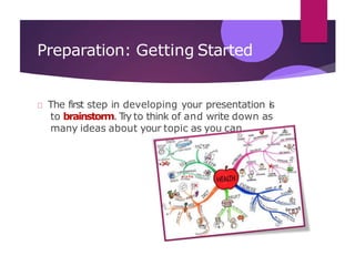 Preparation: Getting Started
The first step in developing your presentation is
to brainstorm. Try to think of and write down as
many ideas about your topic as you can.
 