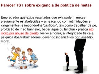Parecer TST sobre exigência de politica de metas


Empregador que exige resultados que extrapolem metas
previamente estabelecidas – ameaçando com intimidações e
xingamentos, e impondo-lhe“castigos”, tais como trabalhar de pé,
proibição de ir ao banheiro, beber água ou lanchar - pratica ato
ilícito por abuso de direito, lesivo à honra, à integridade física e
psíquica dos trabalhadores, devendo indenizá-los por assédio
moral.
 