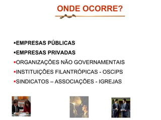 ONDE OCORRE?



EMPRESAS PÚBLICAS
EMPRESAS PRIVADAS
ORGANIZAÇÕES NÃO GOVERNAMENTAIS
INSTITUIÇÕES FILANTRÓPICAS - OSCIPS
SINDICATOS – ASSOCIAÇÕES - IGREJAS
 