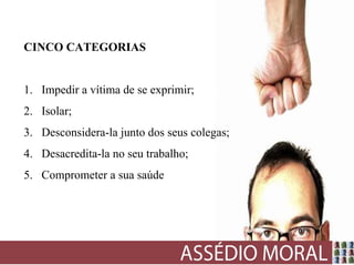 CINCO CATEGORIAS


1. Impedir a vítima de se exprimir;
2. Isolar;
3. Desconsidera-la junto dos seus colegas;
4. Desacredita-la no seu trabalho;
5. Comprometer a sua saúde
 