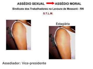 ASSÉDIO SEXUAL                 ASSÉDIO MORAL
      Sindicato dos Trabalhadores na Lavoura de Mossoró - RN
                             S.T.L.M.



                                        Estagiária




Assediador: Vice-presidente
 