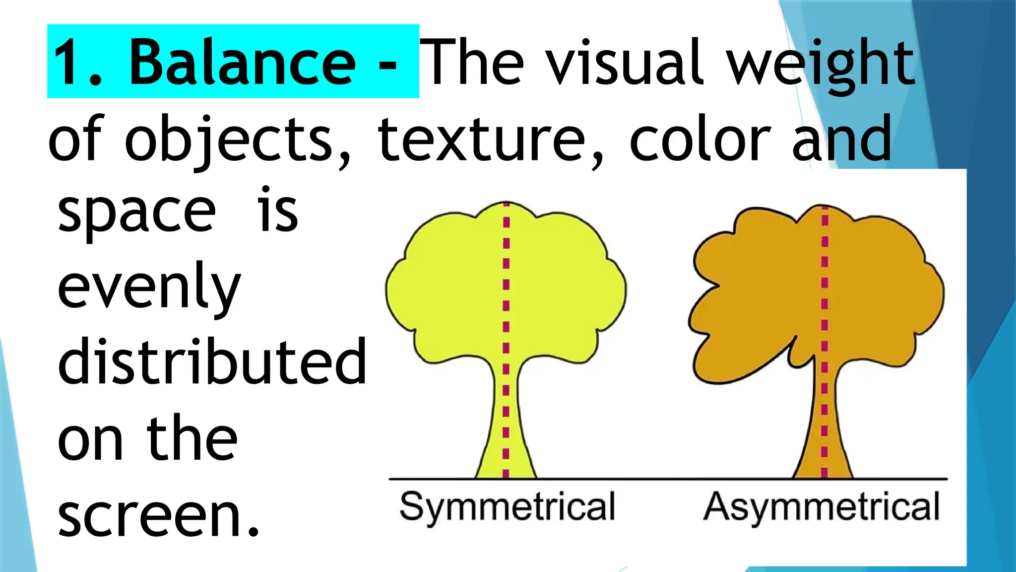 space is
evenly
distributed
on the
screen.
1. Balance - The visual weight
of objects, texture, color and
 