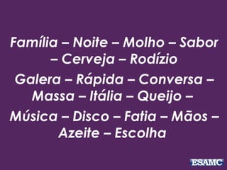 Família – Noite – Molho – Sabor
– Cerveja – Rodízio
Galera – Rápida – Conversa –
Massa – Itália – Queijo –
Música – Disco – Fatia – Mãos –
Azeite – Escolha
 