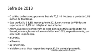 Safra de 2013
• O cultivo de frutas ocupou uma área de 70,2 mil hectares e produziu 1,81
milhão de toneladas.
• Esta produção é 3,8% menor que em 2012, e os valores do VBP foram
superiores em 1,1% em relação ao ano anterior.
• Assim, quando se consideram as cinco principais frutas produzidas no
Paraná, em relação aos volumes colhidos em 2013, respectivamente, por
ordem de importância,
• a Laranja,
• a Banana,
• as Tangerinas,
• a Melancia e as Uvas responderam por 87,3% do total produzido.http://www.agricultura.pr.gov.br/
 