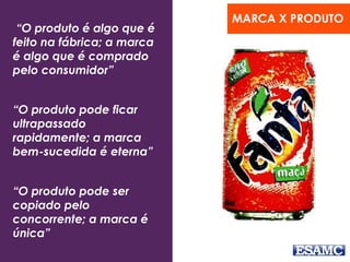 “Branding é como as pessoas entendem
uma empresa quanto a Missão, Visão e
Valores”
“O produto é algo que é
feito na fábrica; a marca
é algo que é comprado
pelo consumidor”
“O produto pode ficar
ultrapassado
rapidamente; a marca
bem-sucedida é eterna”
“O produto pode ser
copiado pelo
concorrente; a marca é
única”
MARCA X PRODUTO
 