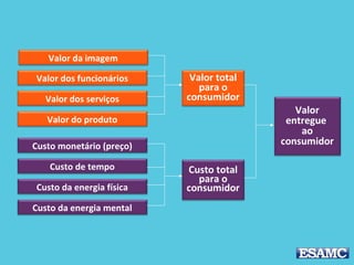 Valor dos funcionários
Valor da imagem
Valor dos serviços
Valor do produto
Custo monetário (preço)
Custo de tempo
Custo da energia física
Custo da energia mental
Valor total
para o
consumidor
Custo total
para o
consumidor
Valor
entregue
ao
consumidor
 