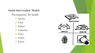 Model
Social Intervention Model:
Pre-requisites for health:
 Income
 Food
 Shelter
 Education
 Peace
 Justice
 Equity
 