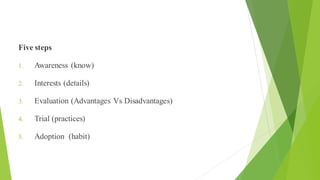 Adoption of new ideas or practice
Five steps
1. Awareness (know)
2. Interests (details)
3. Evaluation (Advantages Vs Disadvantages)
4. Trial (practices)
5. Adoption (habit)
 