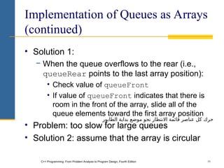 C++ Programming: From Problem Analysis to Program Design, Fourth Edition 11
Implementation of Queues as Arrays
(continued)
• Solution 1:
− When the queue overflows to the rear (i.e.,
queueRear points to the last array position):
• Check value of queueFront
• If value of queueFront indicates that there is
room in the front of the array, slide all of the
queue elements toward the first array position
• Problem: too slow for large queues
• Solution 2: assume that the array is circular
‫موضع‬ ‫نحو‬ ‫االنتظار‬ ‫قائمة‬ ‫عناصر‬ ‫كل‬ ‫حرك‬
‫الطابور‬ ‫بداية‬
 
