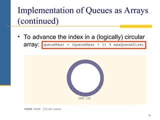 12
Implementation of Queues as Arrays
(continued)
• To advance the index in a (logically) circular
array:
 