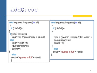 24
addQueue
void cqueue::inqueue(int el)
{
if (! isfull())
{
rear = ((rear+1)==size ? 0 : rear+1);
queue[rear]= el;
count ++;
}
else
cout<<"queue is full"<<endl;
}
void cqueue::inqueue(int el)
{
if (! isfull())
{
if(rear+1==size)
rear =0; // give index 0 to rear
else
rear = rear +1;
queue[rear]=el;
count++;
}
else
cout<<"queue is full"<<endl;
}
 