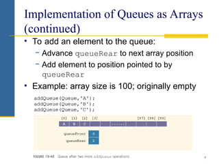 7
Implementation of Queues as Arrays
(continued)
• To add an element to the queue:
− Advance queueRear to next array position
− Add element to position pointed to by
queueRear
• Example: array size is 100; originally empty
 