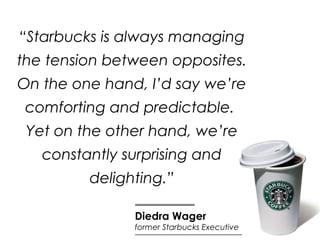 Diedra Wager former Starbucks Executive “ Starbucks is always managing the tension between opposites. On the one hand, I’d...