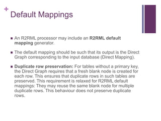 +

Default Mappings


An R2RML processor may include an R2RML default
mapping generator.



The default mapping should b...