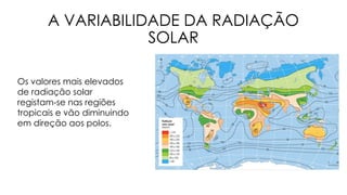 A VARIABILIDADE DA RADIAÇÃO
SOLAR
Os valores mais elevados
de radiação solar
registam-se nas regiões
tropicais e vão diminuindo
em direção aos polos.
 
