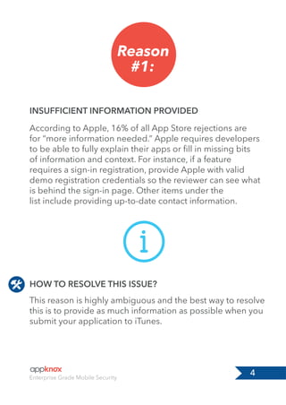 4Enterprise Grade Mobile Security
Reason
#1:
INSUFFICIENT INFORMATION PROVIDED
According to Apple, 16% of all App Store re...