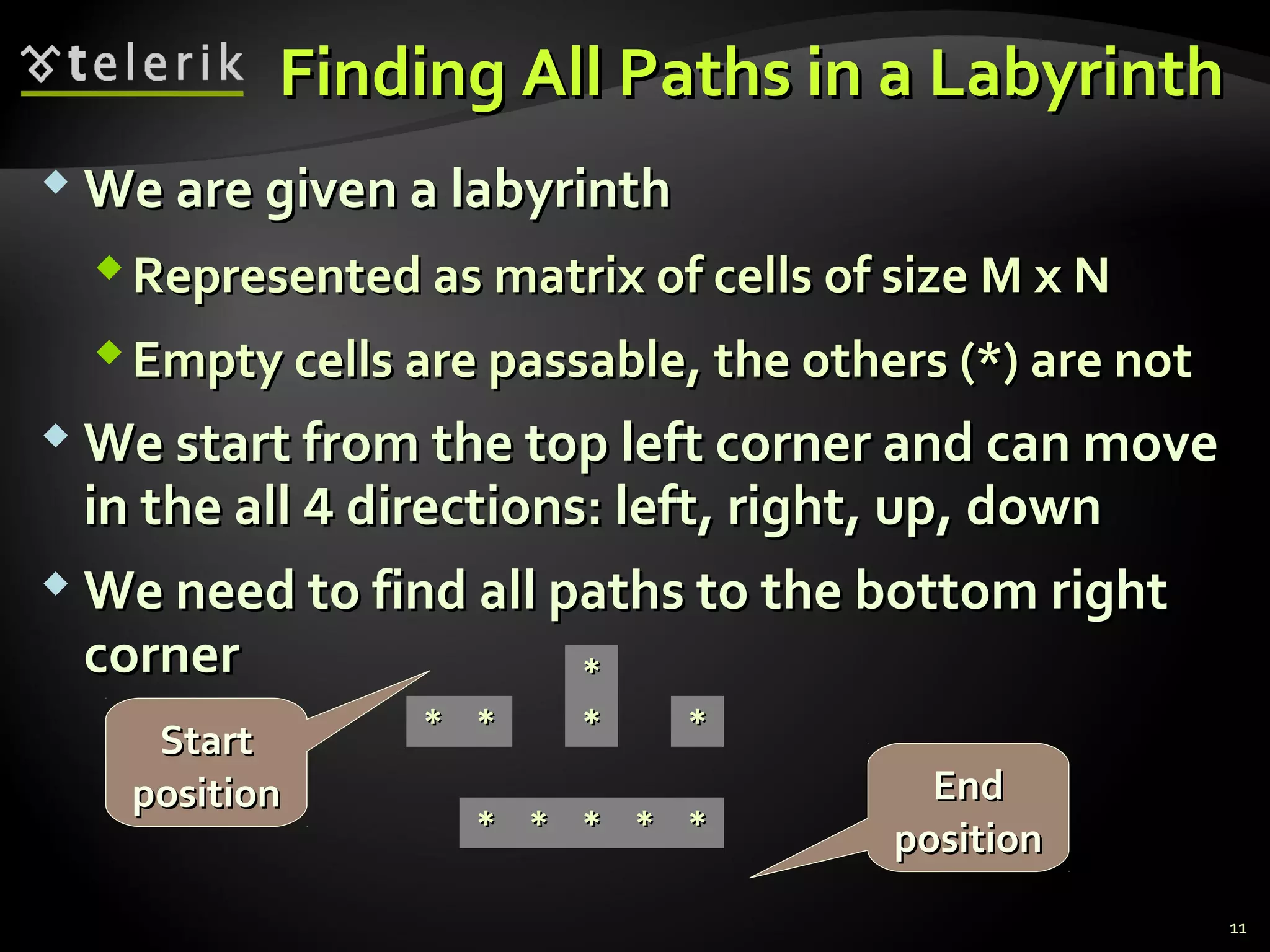 Finding All Paths in a LabyrinthFinding All Paths in a Labyrinth
 We are given a labyrinthWe are given a labyrinth
Represented as matrix of cells of size M x NRepresented as matrix of cells of size M x N
Empty cells are passable, the others (*) are notEmpty cells are passable, the others (*) are not
 We start from the top left corner and can moveWe start from the top left corner and can move
in the allin the all 44 directions: left, right, up, downdirections: left, right, up, down
 We need to find all paths to the bottom rightWe need to find all paths to the bottom right
cornercorner
11
StartStart
positionposition EndEnd
positionposition
**
** ** ** **
** ** ** ** **
 
