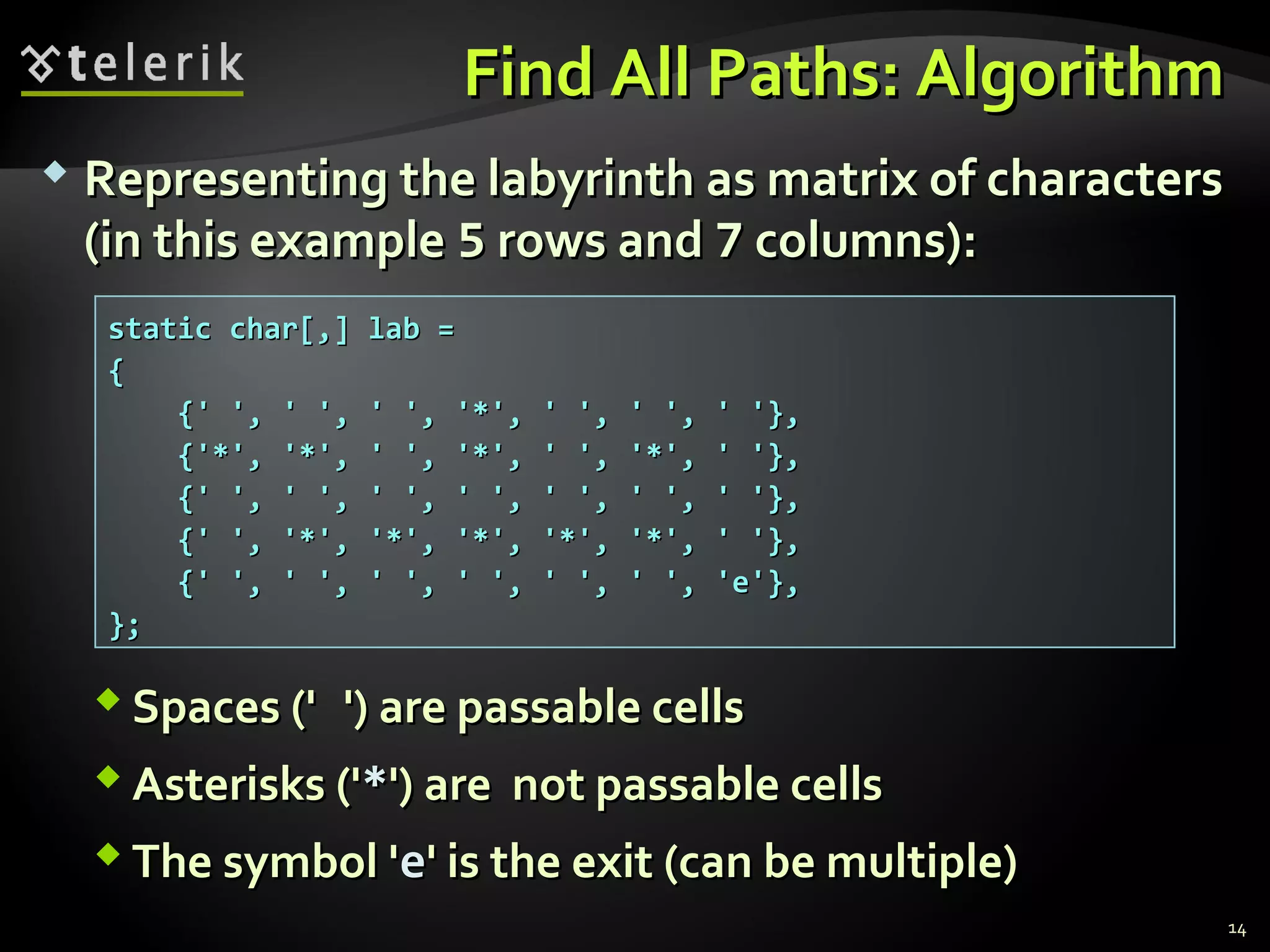  Representing the labyrinth as matrix of charactersRepresenting the labyrinth as matrix of characters
(in this example(in this example 55 rows androws and 77 columns):columns):
 Spaces ('Spaces (' ') are passable cells') are passable cells
 Asterisks ('Asterisks ('**') are not passable cells') are not passable cells
 The symbol 'The symbol 'ee' is the exit (can be multiple)' is the exit (can be multiple)
Find All Paths: AlgorithmFind All Paths: Algorithm
14
static char[,] lab =static char[,] lab =
{{
{' ', ' ', ' ', '*', ' ', ' ', ' '},{' ', ' ', ' ', '*', ' ', ' ', ' '},
{'*', '*', ' ', '*', ' ', '*', ' '},{'*', '*', ' ', '*', ' ', '*', ' '},
{' ', ' ', ' ', ' ', ' ', ' ', ' '},{' ', ' ', ' ', ' ', ' ', ' ', ' '},
{' ', '*', '*', '*', '*', '*', ' '},{' ', '*', '*', '*', '*', '*', ' '},
{' ', ' ', ' ', ' ', ' ', ' ', 'е'},{' ', ' ', ' ', ' ', ' ', ' ', 'е'},
};};
 