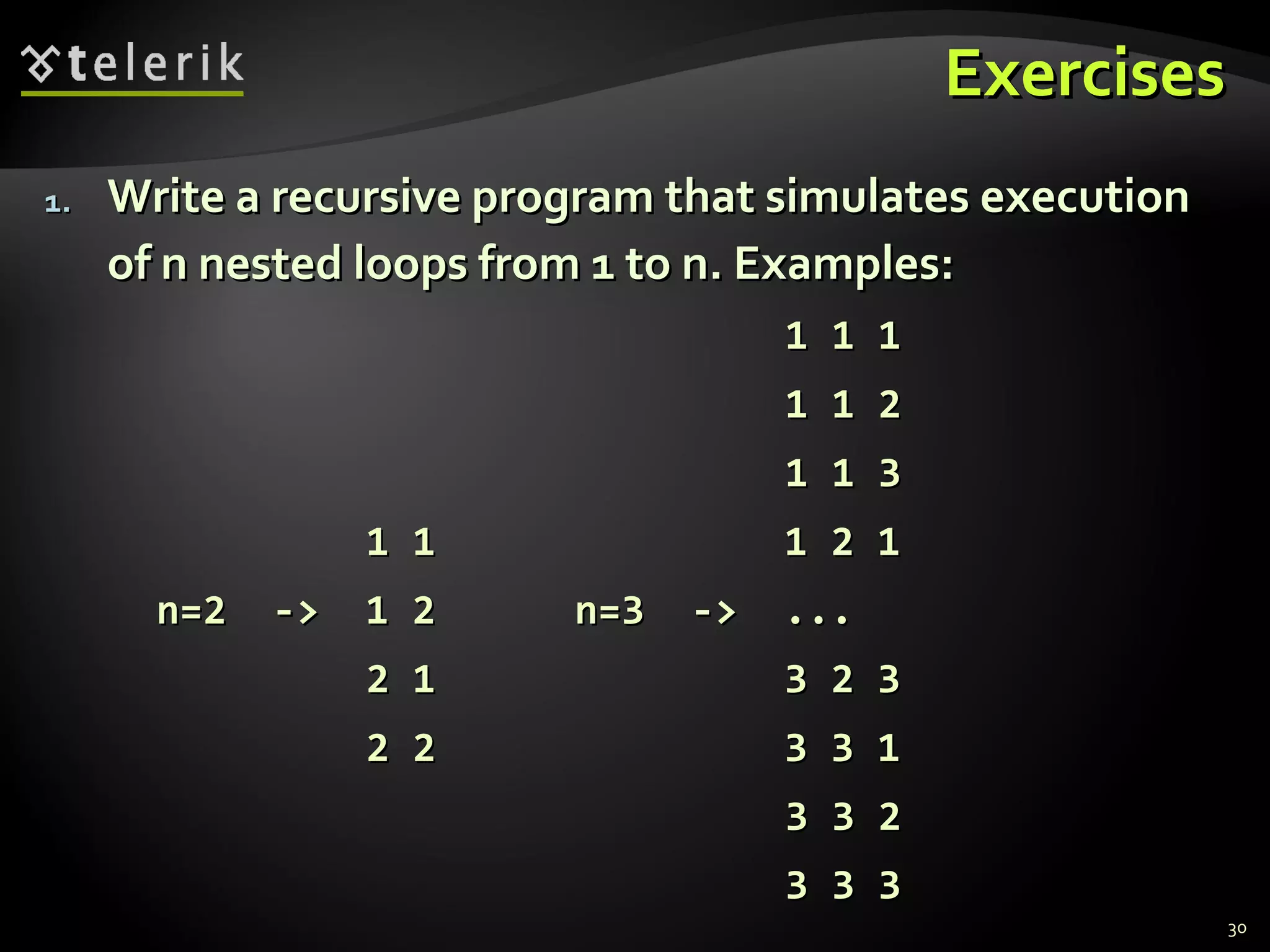 ExercisesExercises
1.1. Write a recursive program that simulates executionWrite a recursive program that simulates execution
of n nested loops from 1 to n. Examples:of n nested loops from 1 to n. Examples:
1 1 11 1 1
1 1 21 1 2
1 1 31 1 3
1 1 1 2 11 1 1 2 1
n=2 -> 1 2 n=3 -> ...n=2 -> 1 2 n=3 -> ...
2 1 3 2 32 1 3 2 3
2 2 3 3 12 2 3 3 1
3 3 23 3 2
3 3 33 3 3
30
 