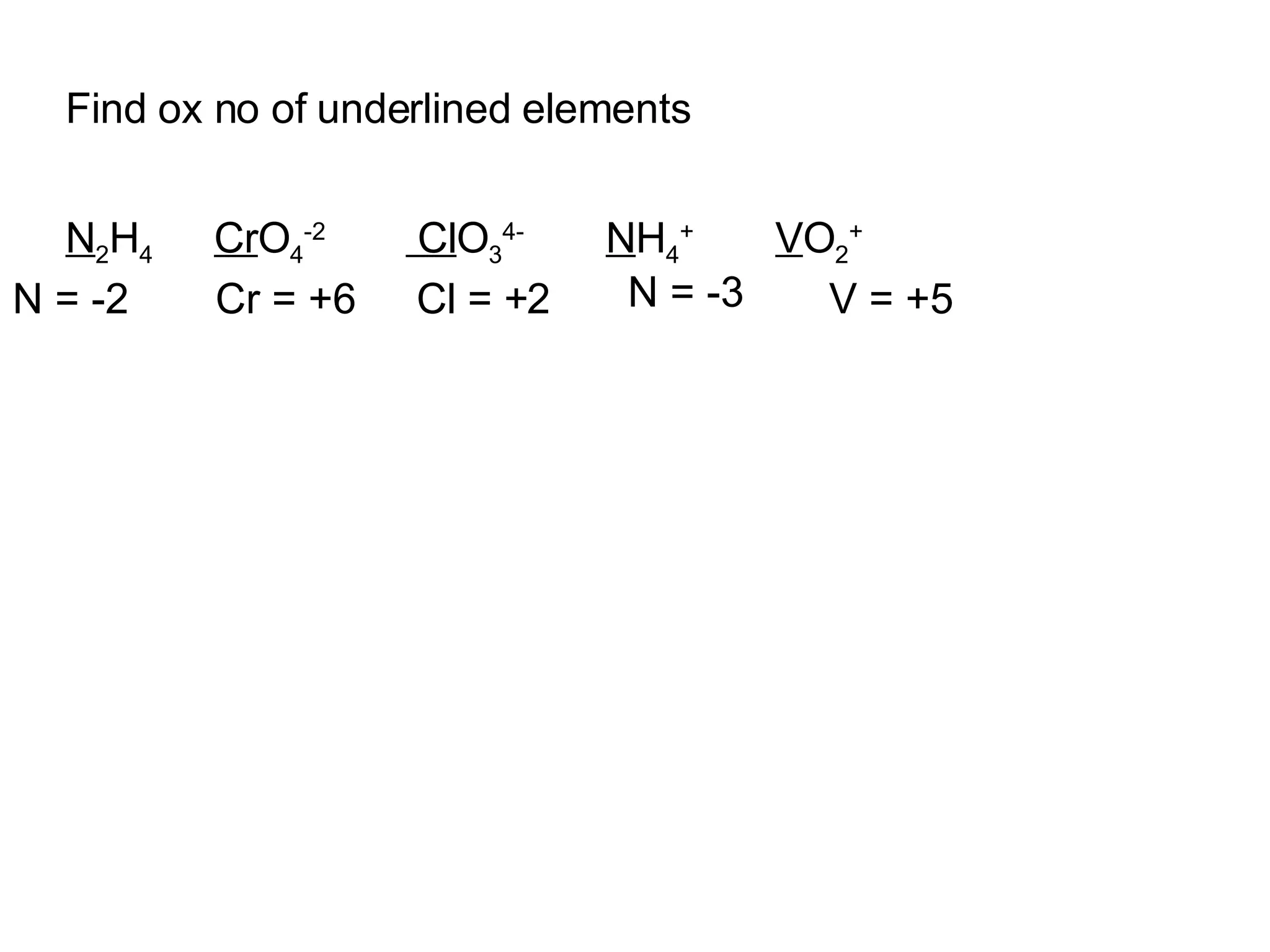 Find ox no of underlined elements N 2 H 4  Cr O 4 -2   Cl O 3 4-  N H 4 +  V O 2 + N = -2 Cr = +6 Cl = +2  N = -3 V = +5 