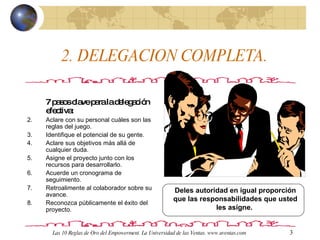 2. DELEGACION COMPLETA.  7 pasos clave para la delegación efectiva: Aclare con su personal cuáles son las reglas del juego. Identifique el potencial de su gente. Aclare sus objetivos más allá de cualquier duda. Asigne el proyecto junto con los recursos para desarrollarlo. Acuerde un cronograma de seguimiento. Retroalimente al colaborador sobre su avance. Reconozca públicamente el éxito del proyecto.  Deles autoridad en igual proporción que las responsabilidades que usted les asigne.  Las 10 Reglas de Oro del Empowerment. La Universidad de las Ventas. www.uventas.com 