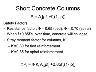 Short Concrete Columns
P = Ag[ρfy +f’c(1- ρ)]
Safety Factors
• Resistance factor, Ф = 0.65 (tied), Ф = 0.70 (spiral)
• When fc>0.85f’c, over time, concrete will collapse
• Stray moment factor for columns, K1
– K1=0.80 for tied reinforcement
– K1=0.85 for spiral reinforcement
ФPn = Ф K1 Ag[ρfy +0.85f’c(1- ρ)]
 
